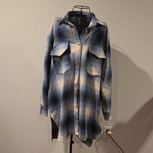 Blue & Cream Plaid Shacket Jacket - Women